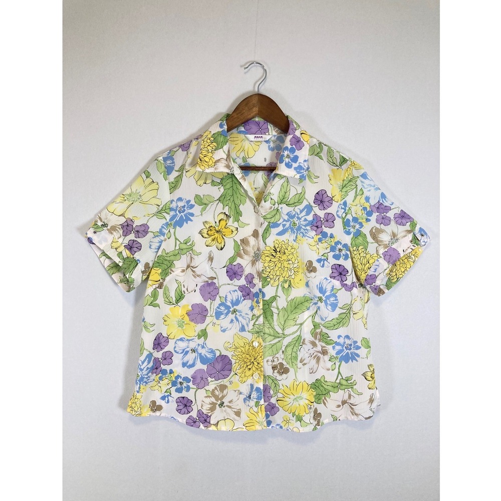 Grandmacore Alia Petite Womens Petite Multicolor Floral Short Sleeve Blouse Top